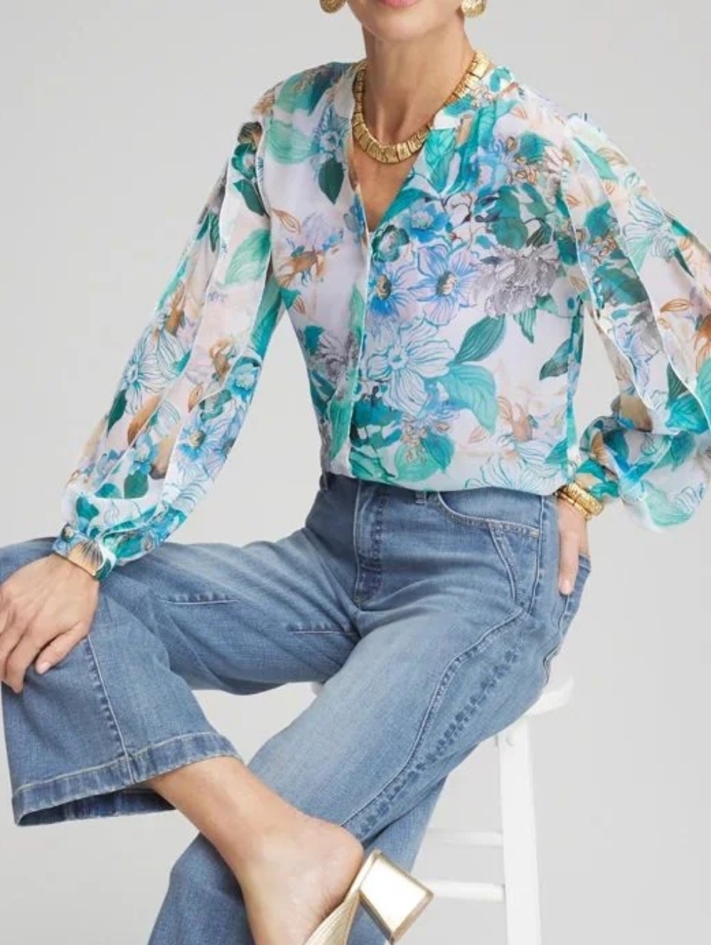 Chico's Floral Sheer Button-Blouse - Size 8